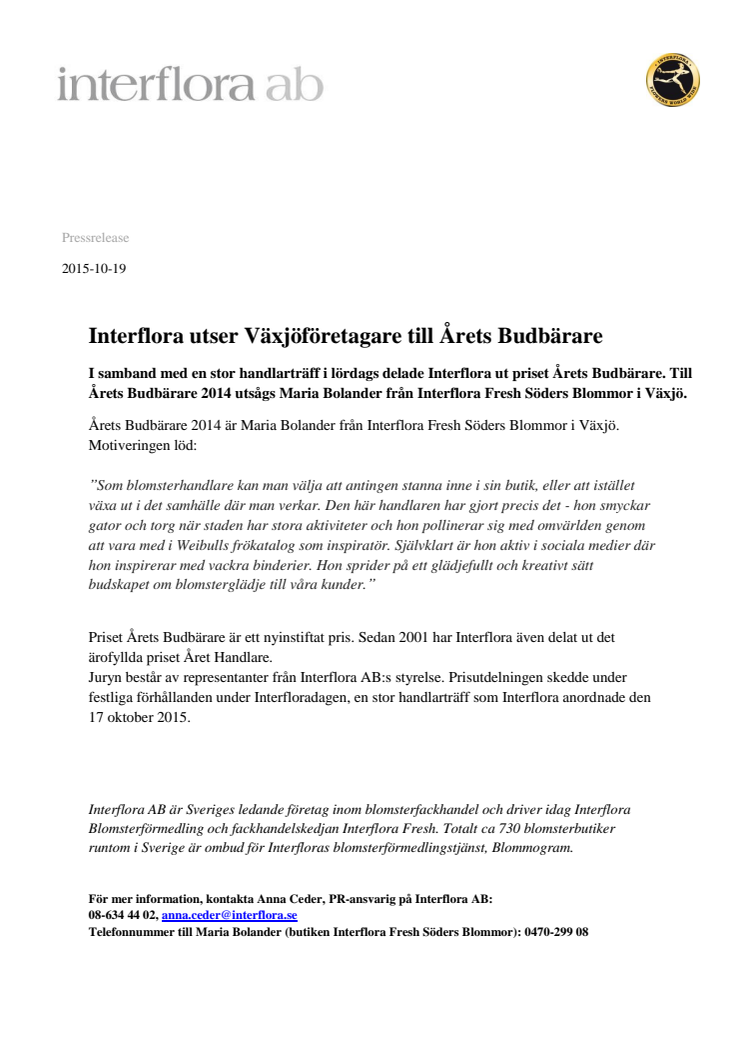 Interflora utser Växjöföretagare till Årets Budbärare