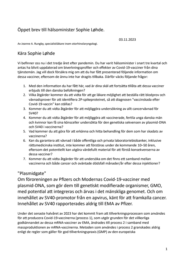 Öppet brev till hälsominister i Danmark