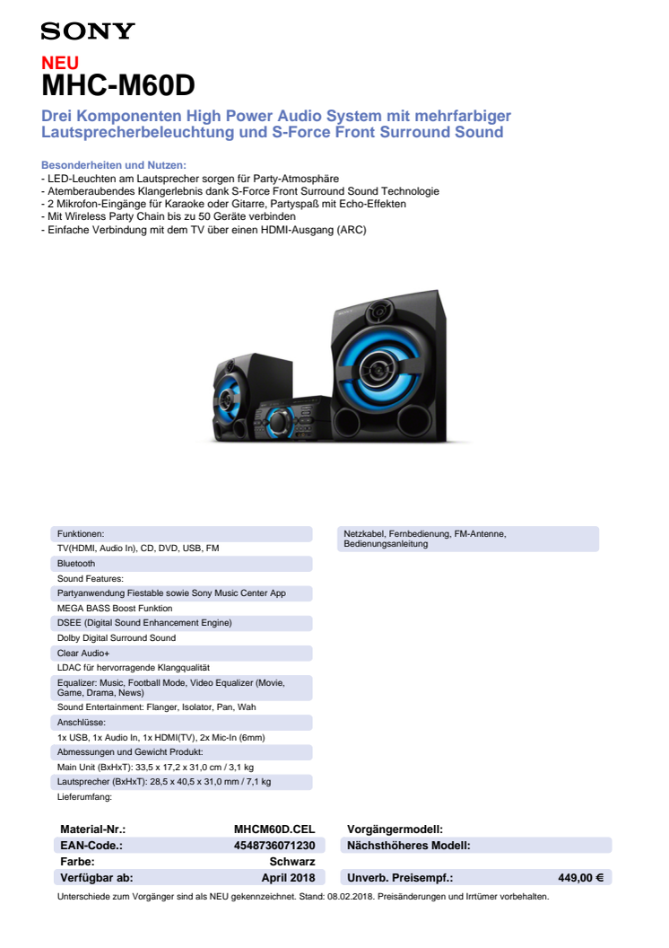 Datenblatt Audio System MHC-M60D von Sony