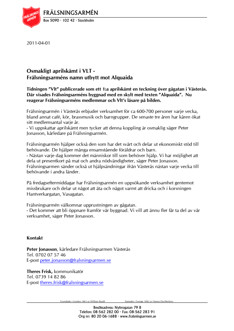 Osmakligt aprilskämt i VLT - Frälsningsarméns namn utbytt mot Alquaida