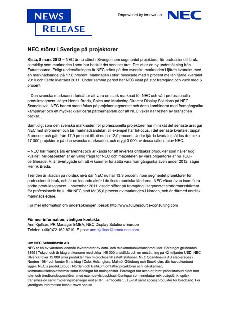 NEC störst i Sverige på projektorer 