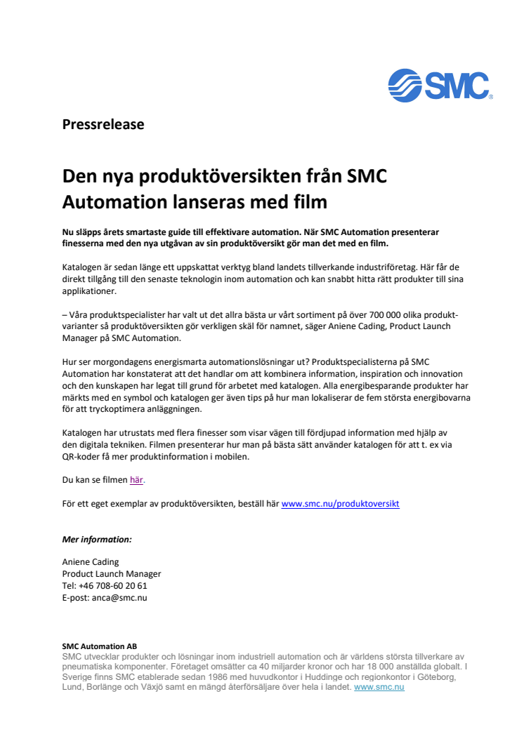 Den nya produktöversikten från SMC Automation lanseras med film 