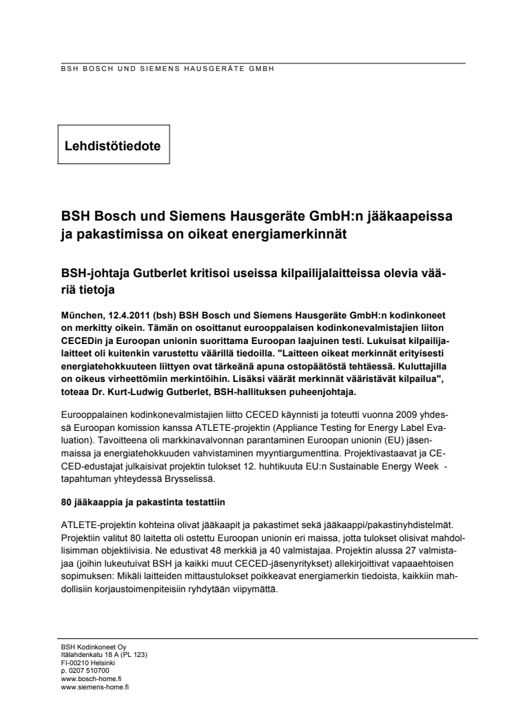 BSH Bosch und Siemens Hausgeräte GmbH:n jääkaapeissa ja pakastimissa on oikeat energiamerkinnät