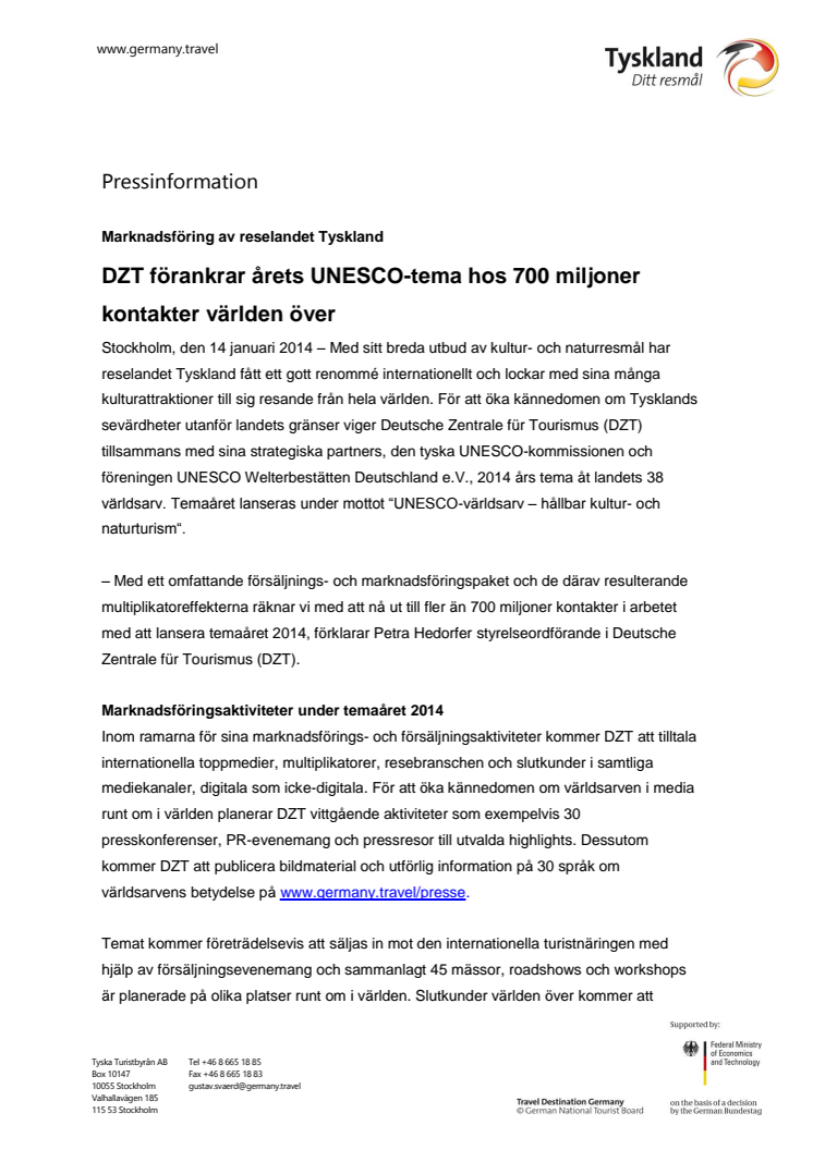 DZT förankrar årets UNESCO-tema hos 700 miljoner kontakter världen över