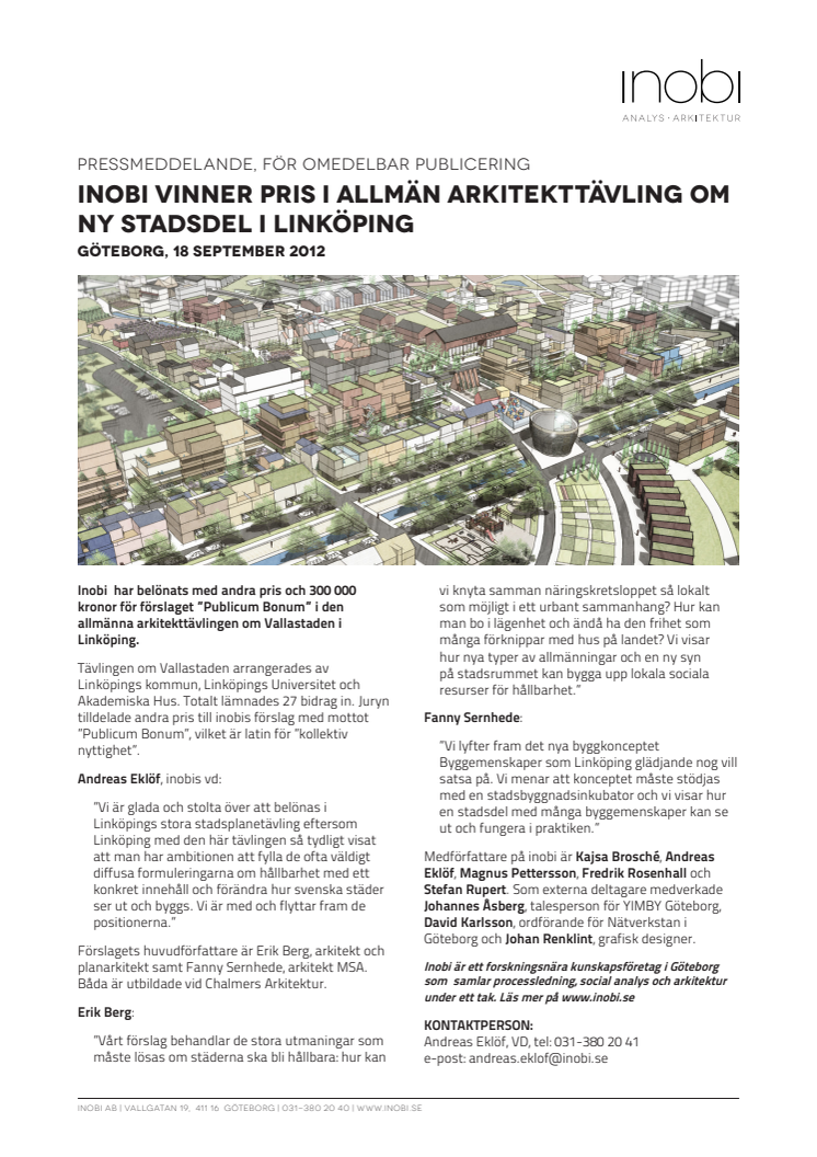 Inobi vinner pris i allmän arkitekttävling om ny stadsdel i Linköping