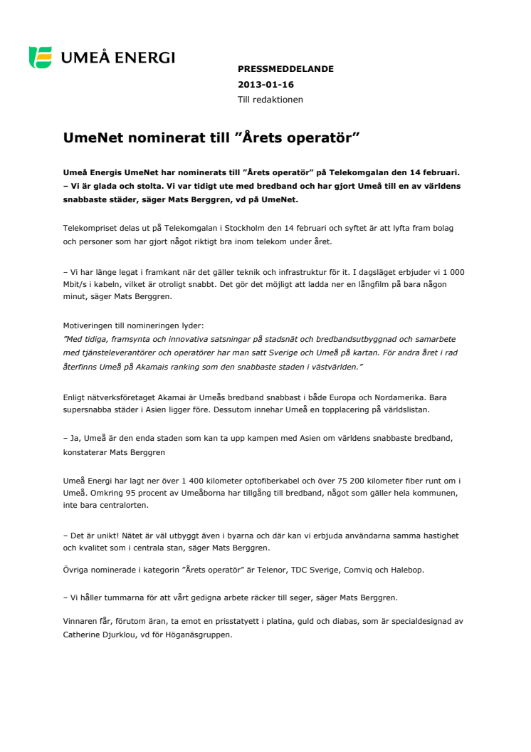 UmeNet nominerat till ”Årets operatör”