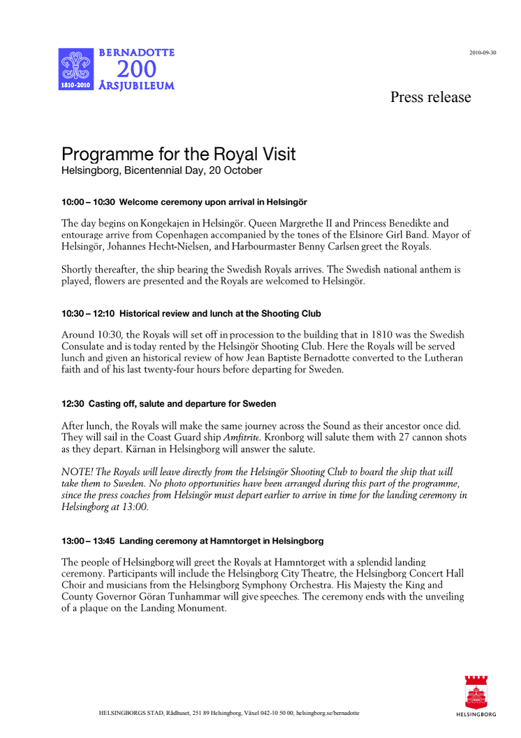 Programme for the Royal Visit, Helsingborg, Bicentennial Day, 20 October