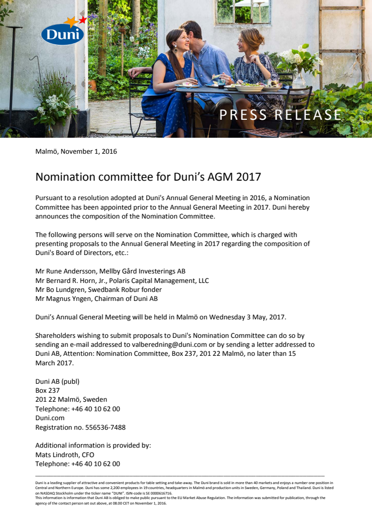 Nomination committee for Duni’s AGM 2017