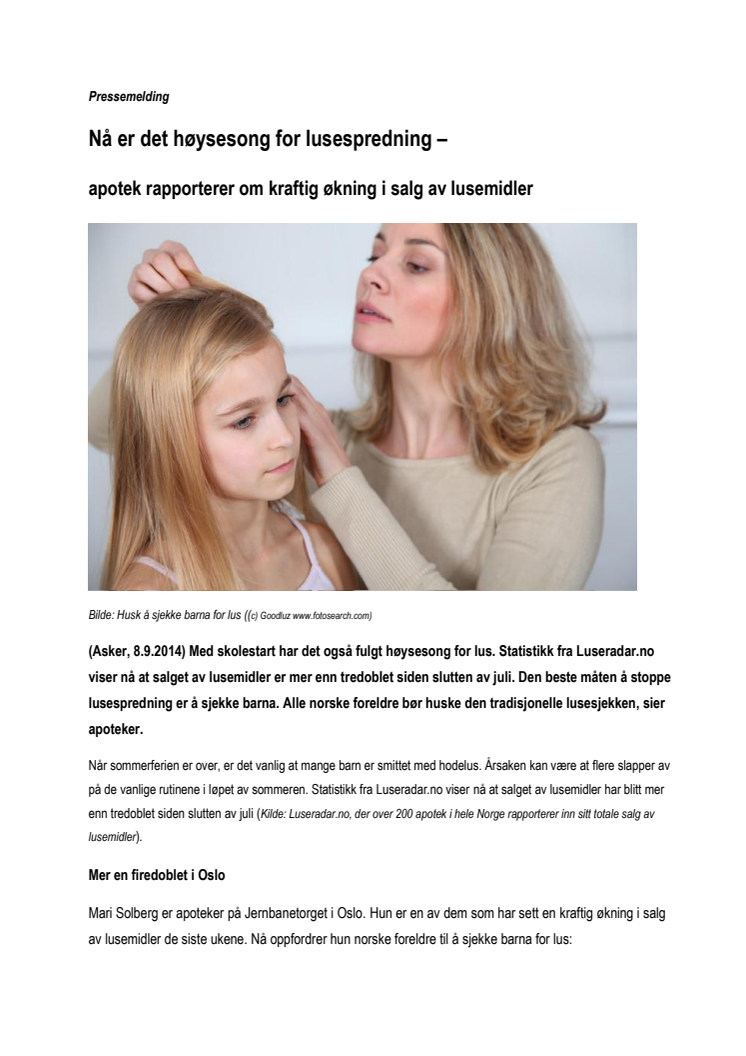 Nå er det høysesong for lusespredning – apotek rapporterer om kraftig økning i salg av lusemidler