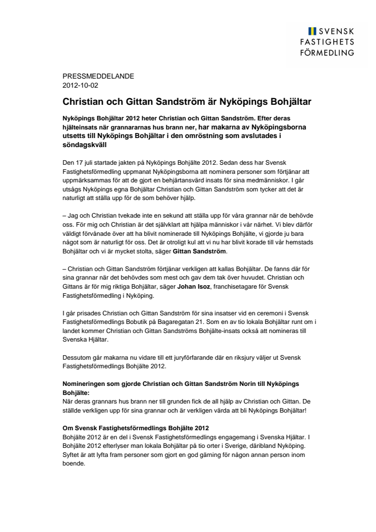 Christian och Gittan Sandström är Nyköpings Bohjältar  