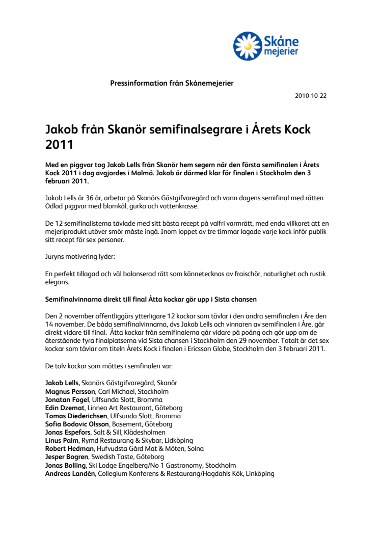 Jakob från Skanör semifinalsegrare i Årets Kock 2011