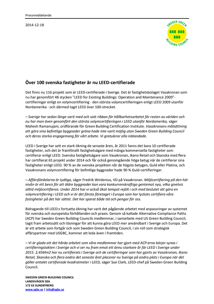 Över 100 svenska fastigheter är nu LEED-certifierade