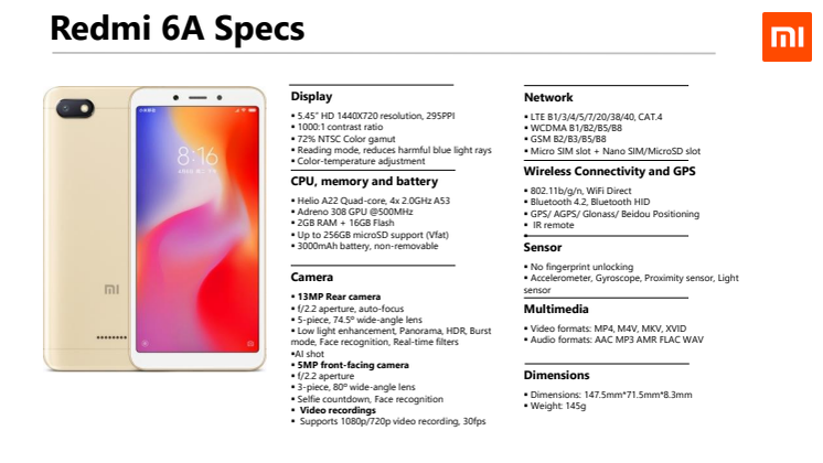 Tekniska specifikationer Xiaomi Redmi 6A & Mi 8