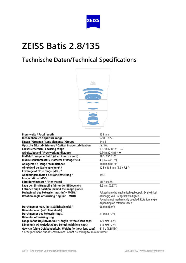 Zeiss Batis 135mm F/2,8, specification sheet