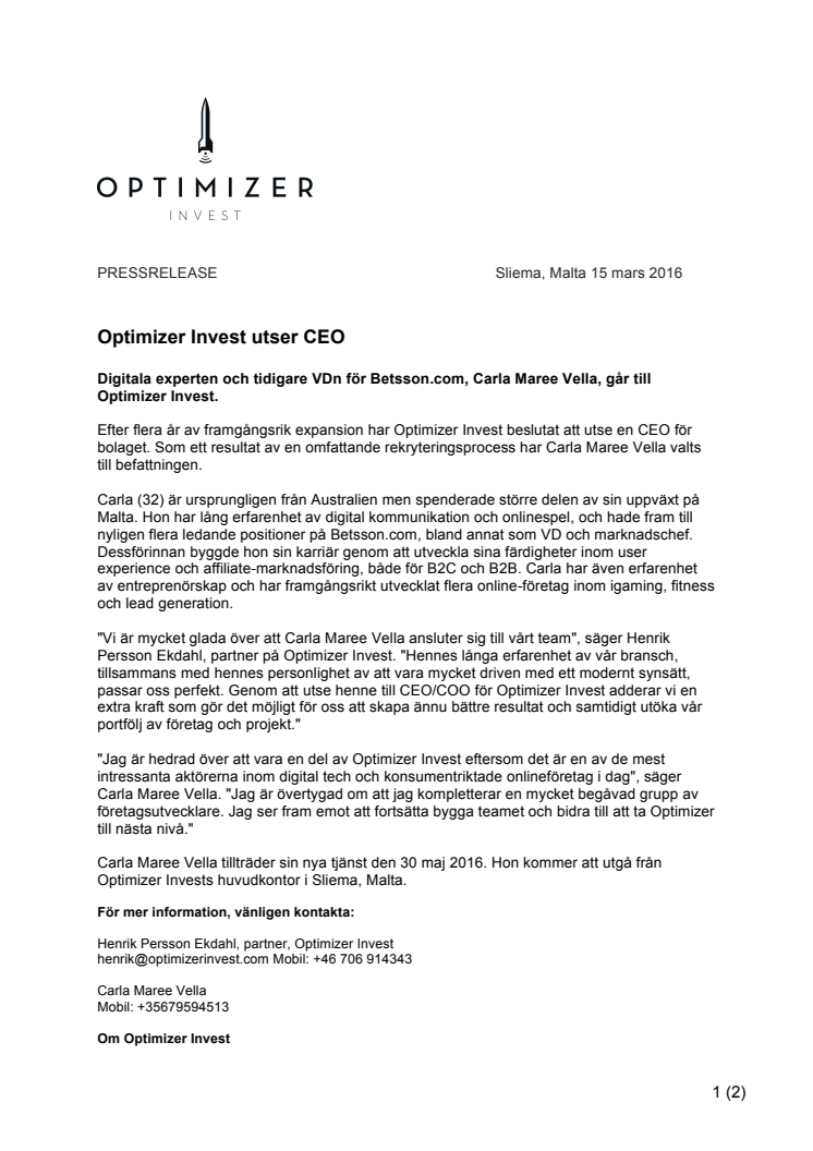 Optimizer Invest utser CEO