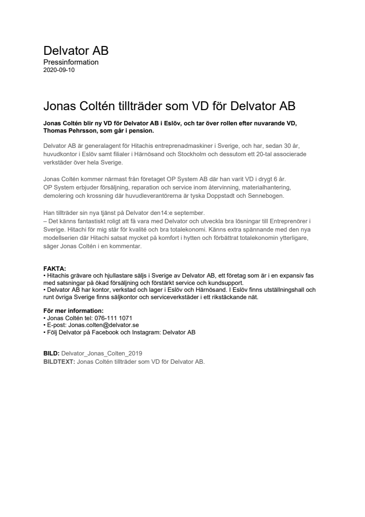 Jonas Coltén tillträder som VD för Delvator AB.