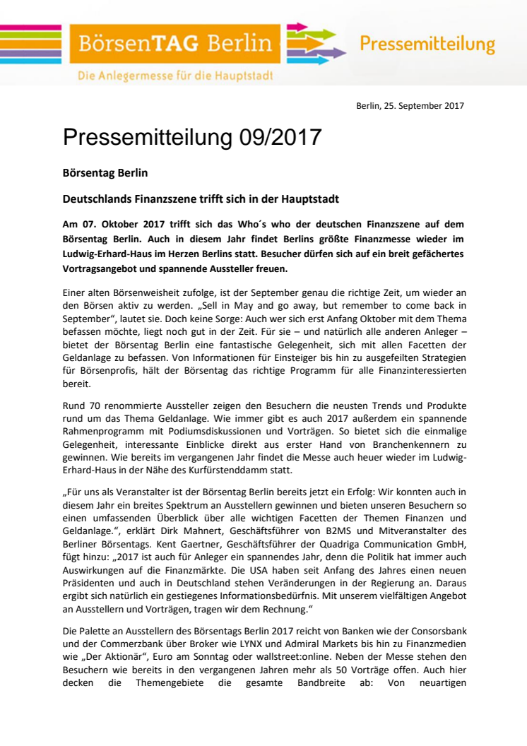 Deutschlands Finanzszene trifft sich in der Hauptstadt - Börsentag Berlin, 07.0.2017