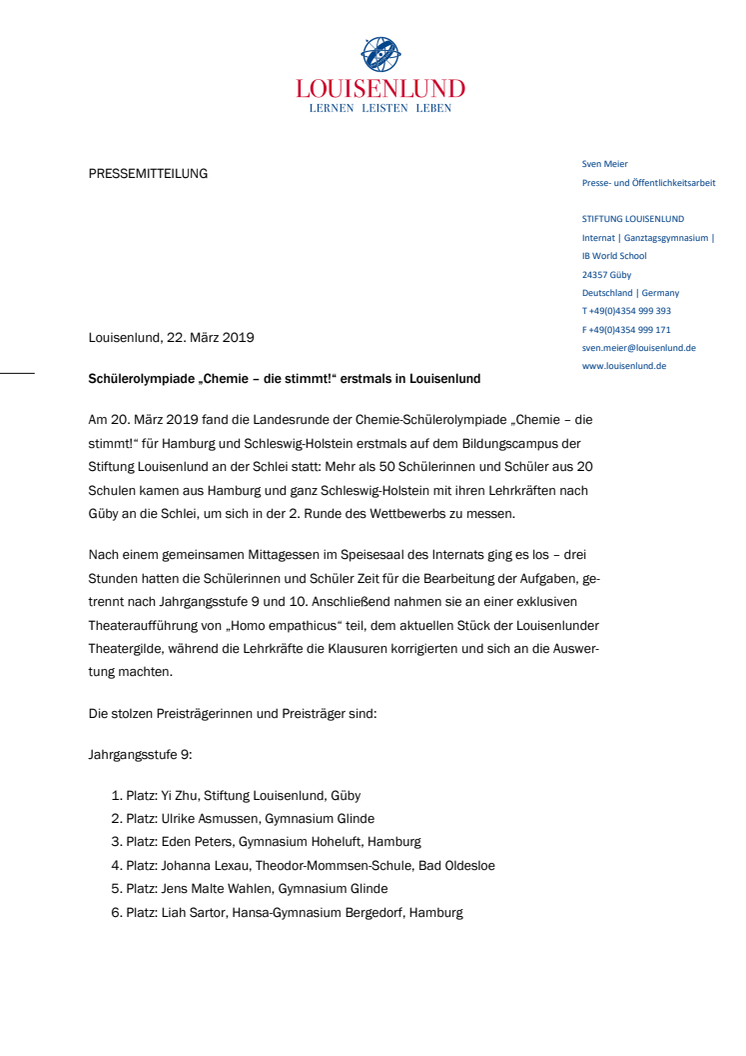 Pressemitteilung: Schülerolympiade „Chemie – die stimmt!“ erstmals in Louisenlund