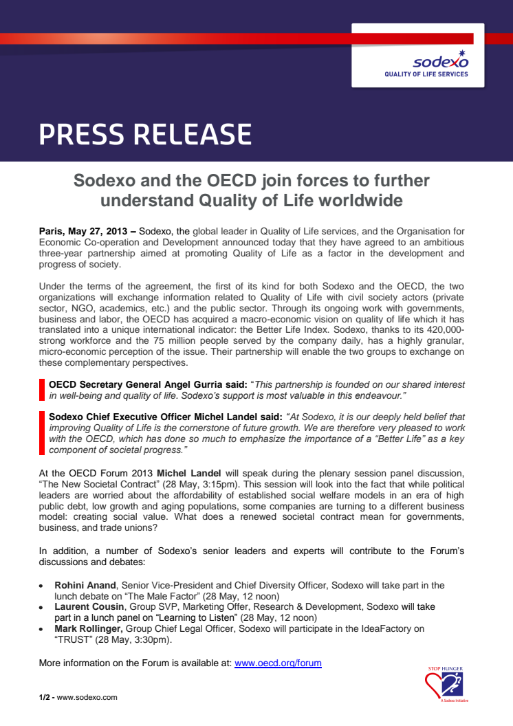 Sodexo and the OECD join forces to further understand Quality of Life worldwide
