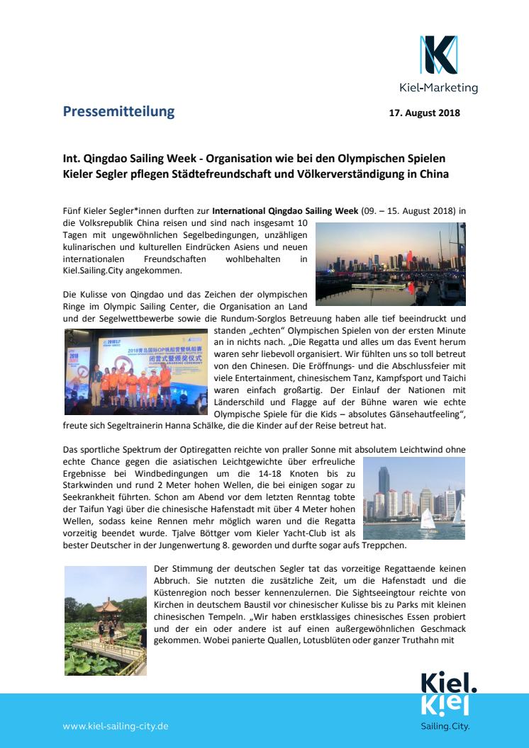Kieler Segler*innen  in China vertiefen Städtefreundschaft von Kiel und Qingdao