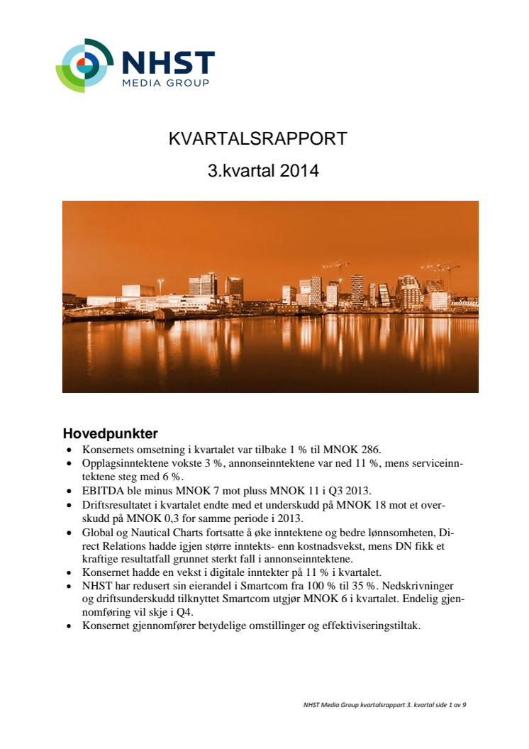 NHST Media Group - Kvartalsrapport 3. kvartal 2014