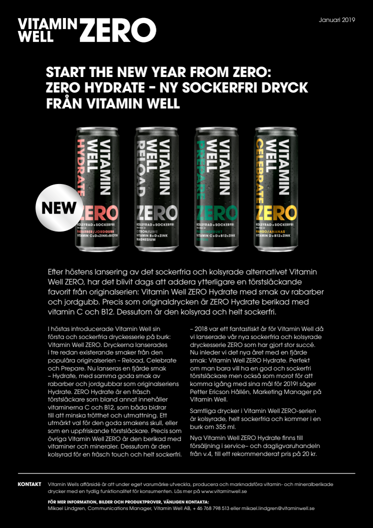 ZERO Hydrate – ny sockerfri dryck från Vitamin Well