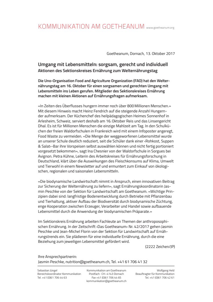 Umgang mit Lebensmitteln: sorgsam, gerecht und individuell – Aktionen des Sektionskreises Ernährung zum Welternährungstag