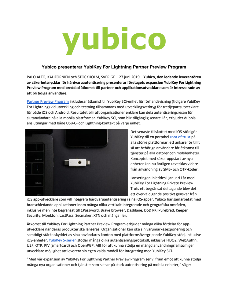 Yubico presenterar YubiKey For Lightning Partner Preview Program