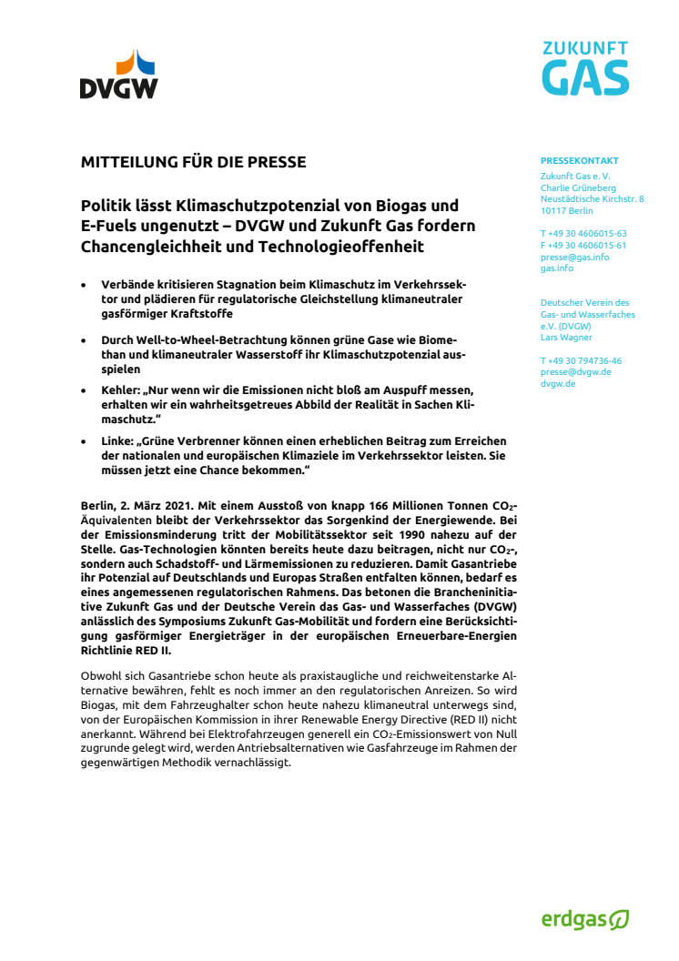 Politik lässt Klimaschutzpotenzial von Biogas und  E-Fuels ungenutzt – DVGW und Zukunft Gas fordern Chancengleichheit und Technologieoffenheit 