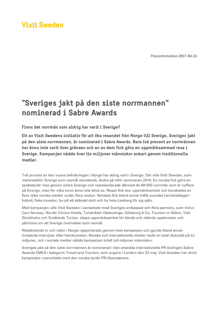 ”Sveriges jakt på den siste norrmannen” nominerad i Sabre Awards