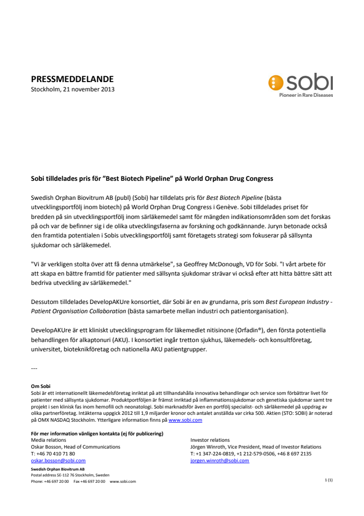 Sobi tilldelades pris för "Best Biotech Pipeline" på World Orphan Drug Congress