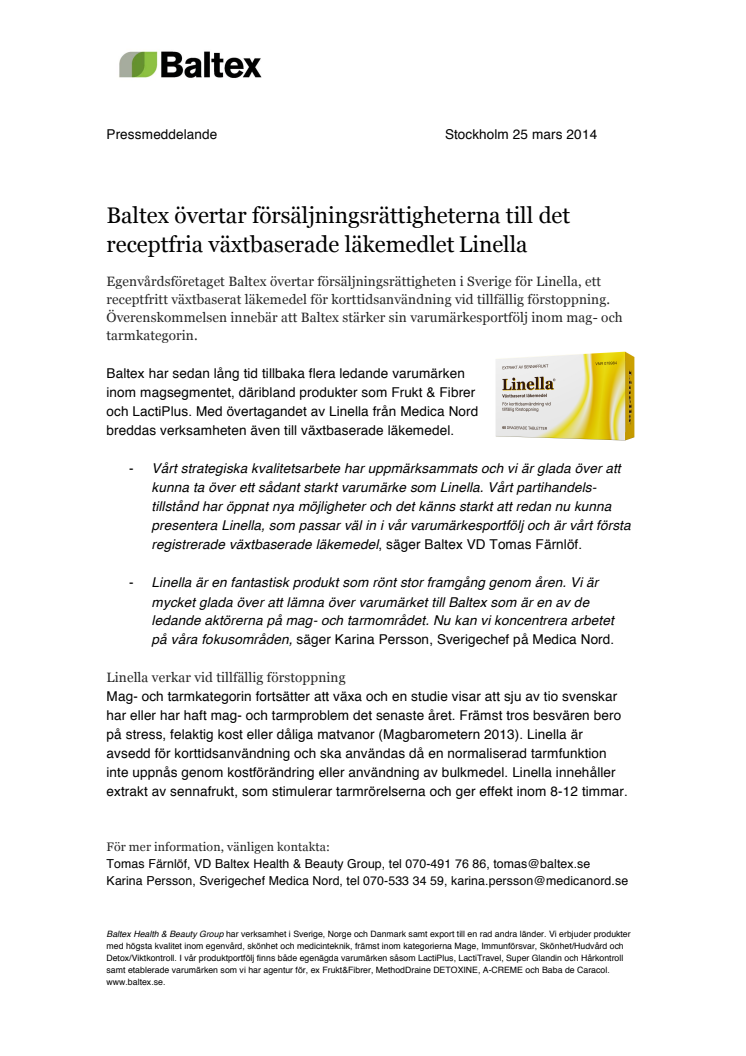 Baltex övertar försäljningsrättigheterna till det receptfria växtbaserade läkemedlet Linella 	
