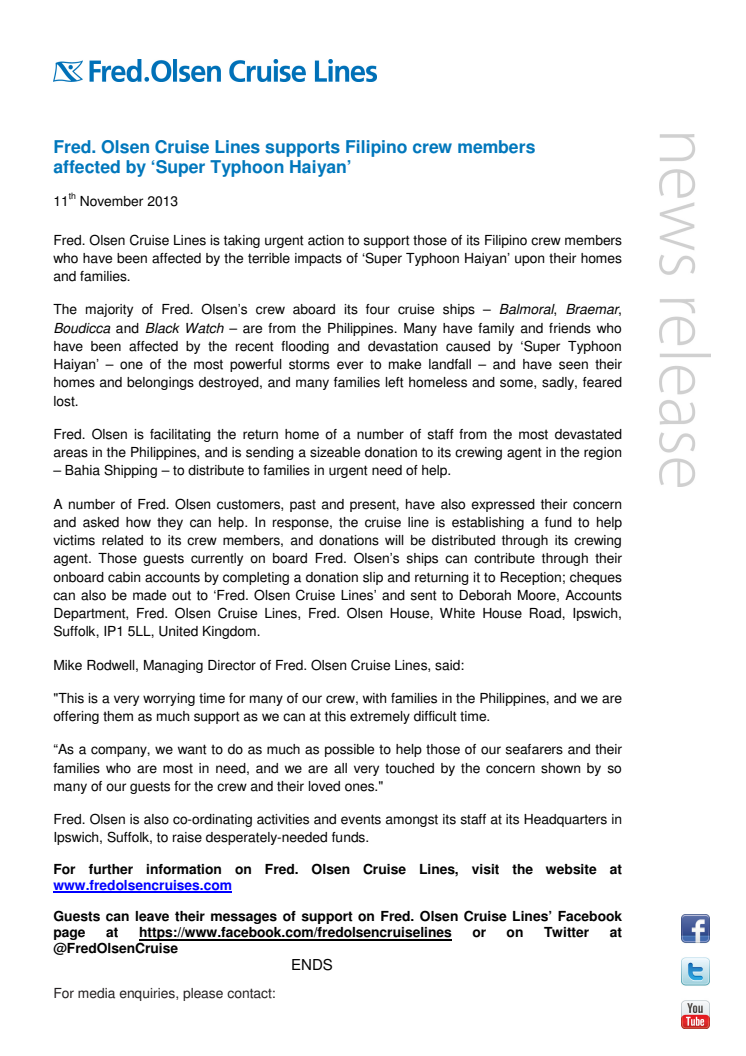 Fred. Olsen Cruise Lines supports Filipino crew members  affected by ‘Super Typhoon Haiyan’ 