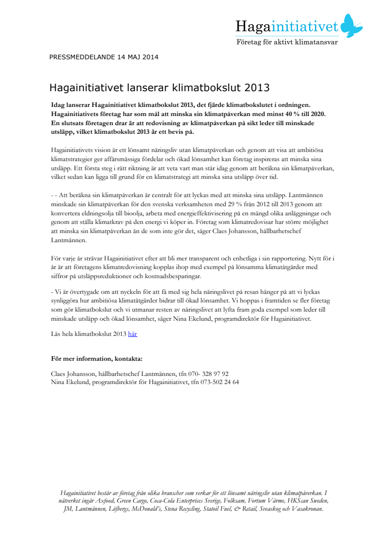 Hagainitiativet lanserar klimatbokslut 2013