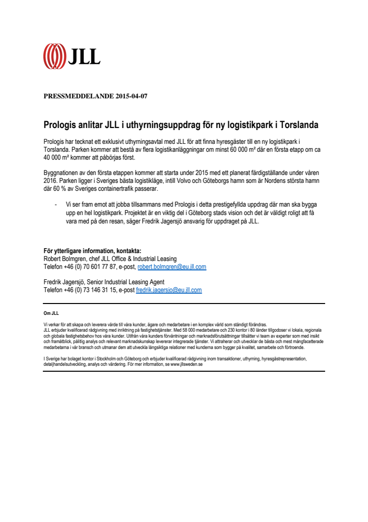 Prologis anlitar JLL i uthyrningsuppdrag för ny logistikpark i Torslanda
