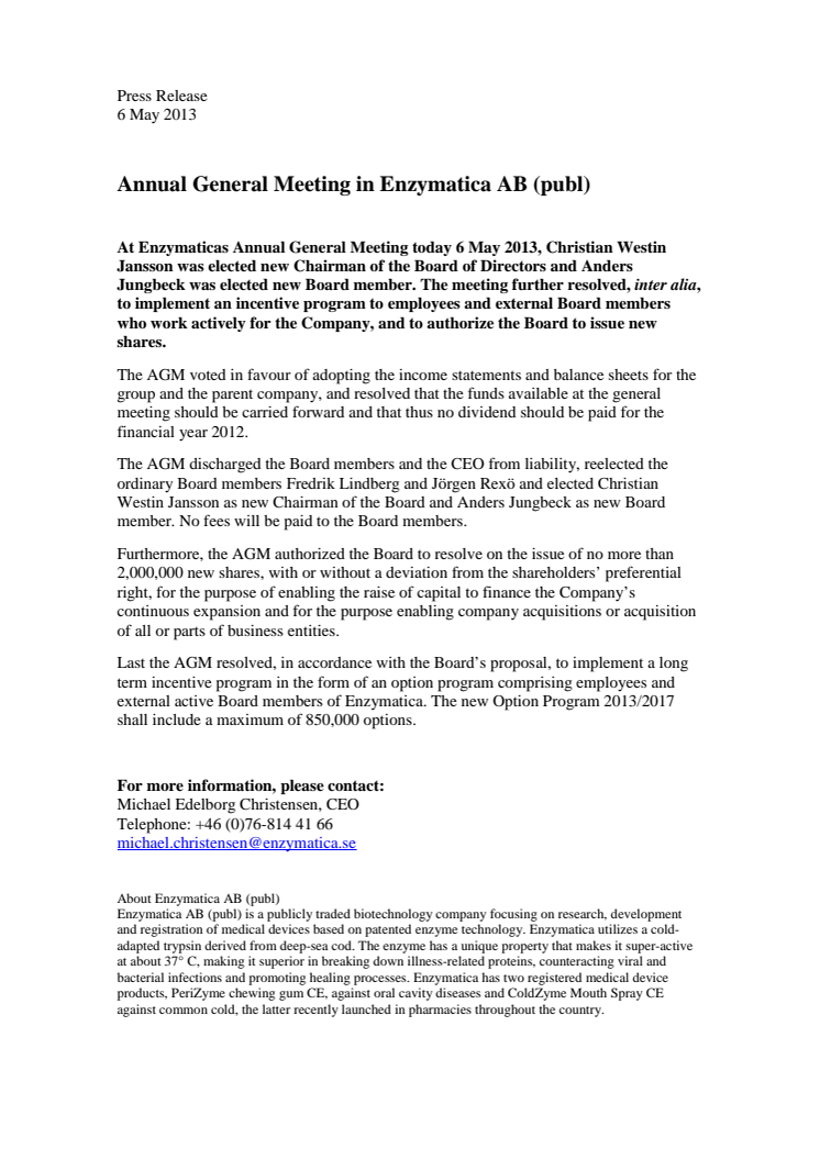 Annual General Meeting in Enzymatica AB (publ)