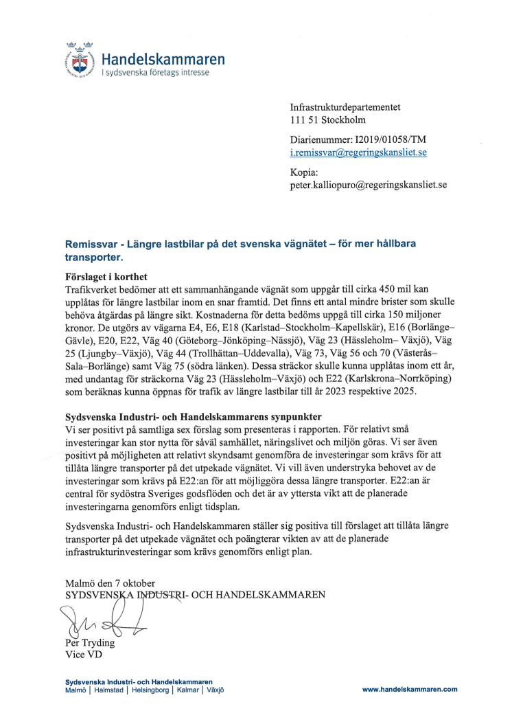 Remissvar avseende "Trafikverkets rapport. Längre lastbilar på det svenska vägnätet – för mer hållbara transporter"