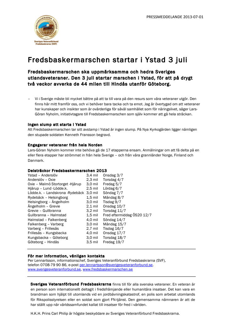 Fredsbaskermarschen startar i Ystad 3 juli