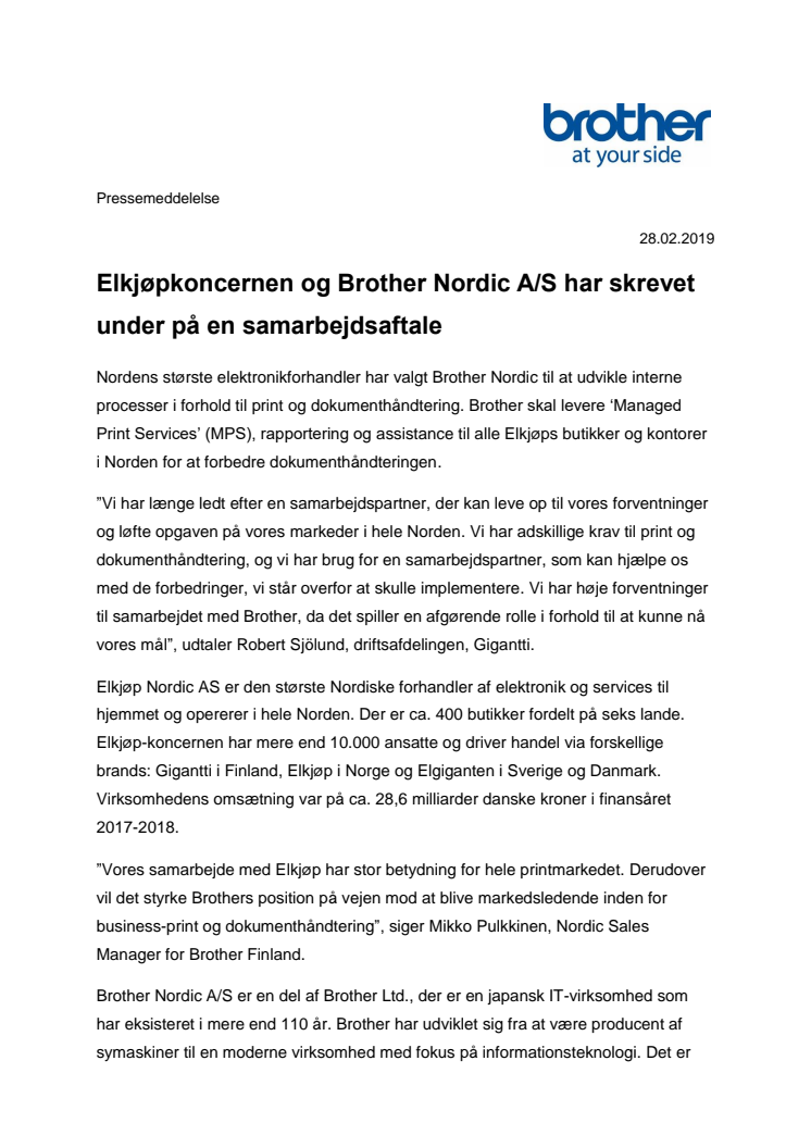 Elkjøpkoncernen og Brother Nordic A/S har skrevet under på en samarbejdsaftale