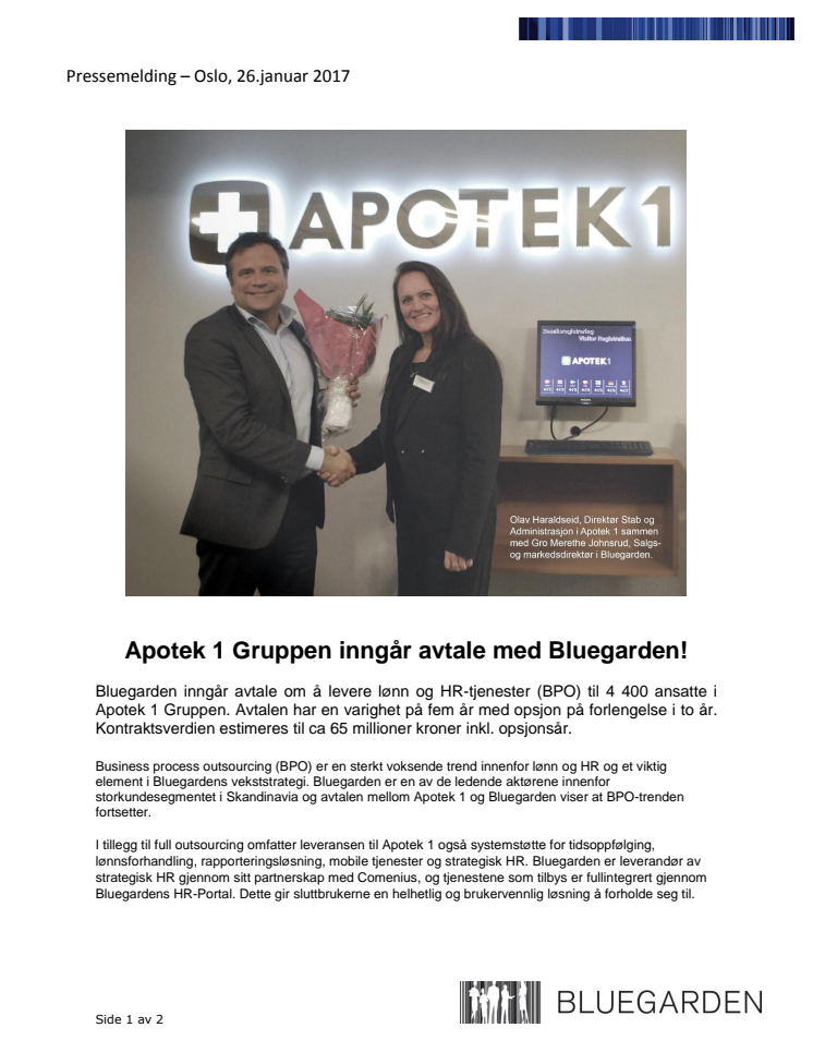 Apotek 1 Gruppen inngår avtale med Bluegarden