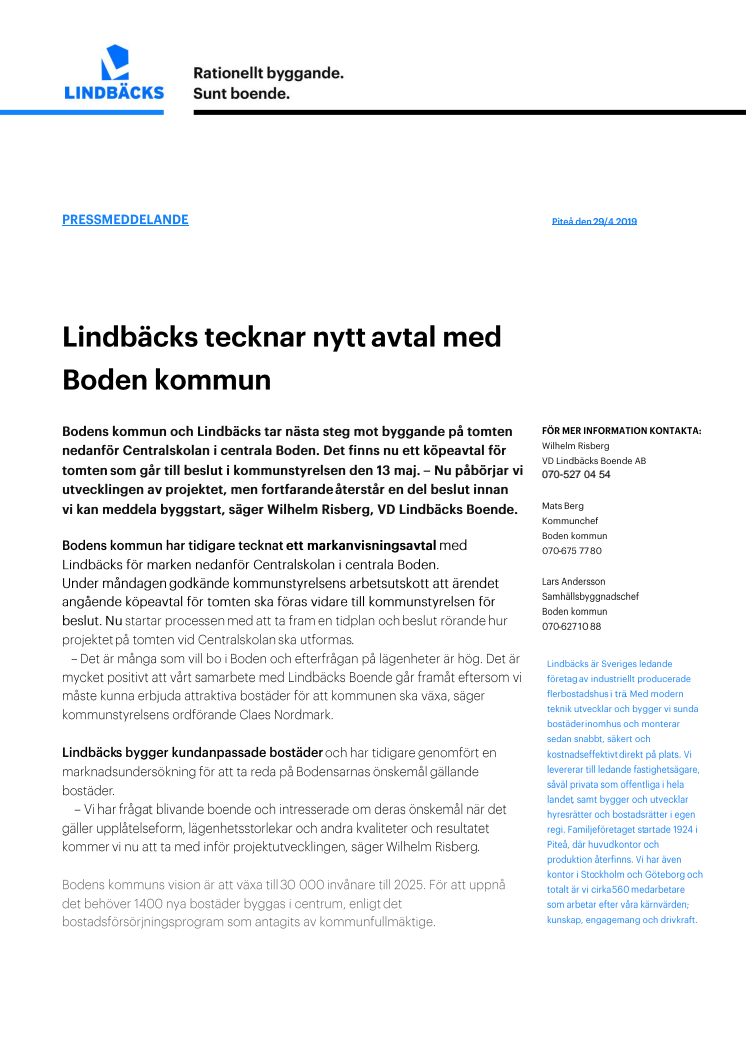 Lindbäcks tecknar nytt avtal med Boden kommun