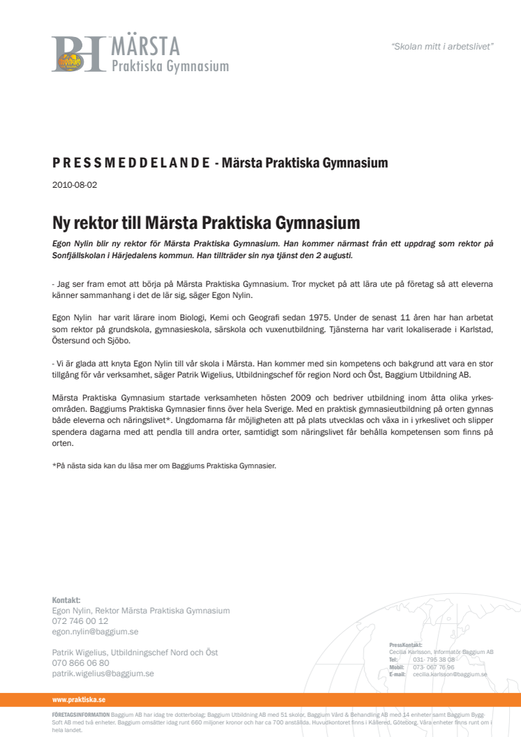 Ny rektor till Märsta Praktiska Gymnasium