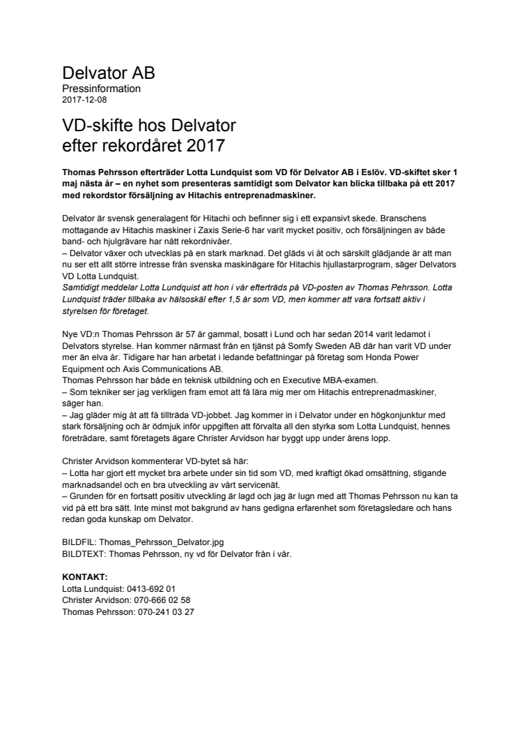 VD-skifte hos Delvator  efter rekordåret 2017