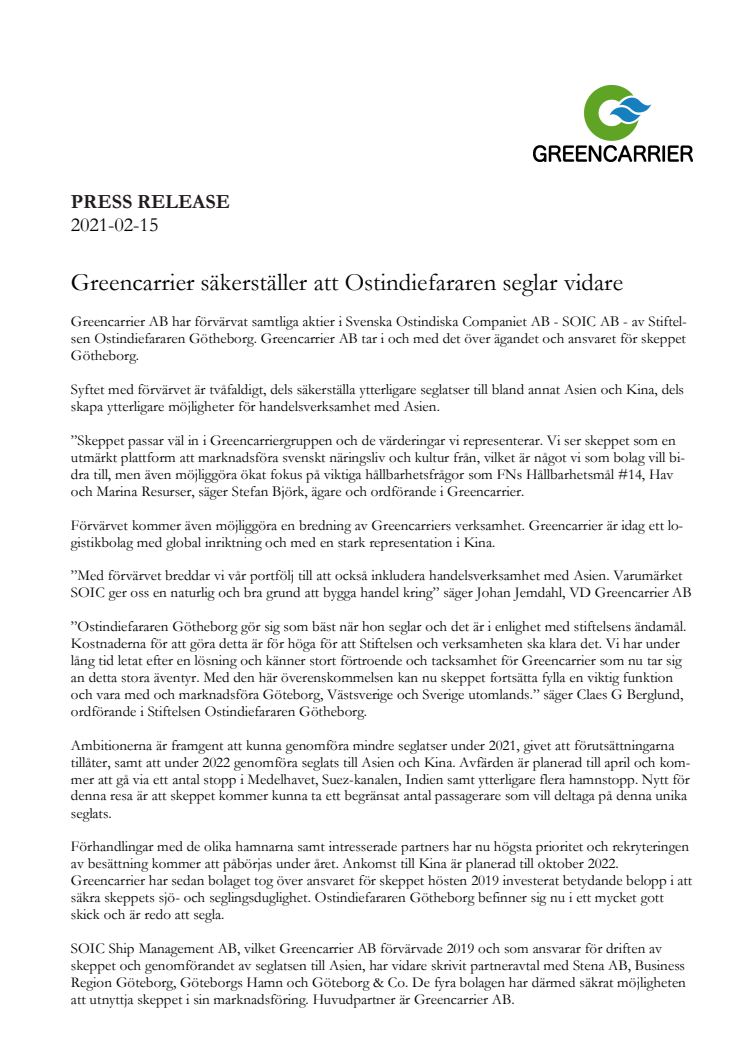 Press release som PDF - Greencarrier säkerställer att Ostindiefararen seglar vidare