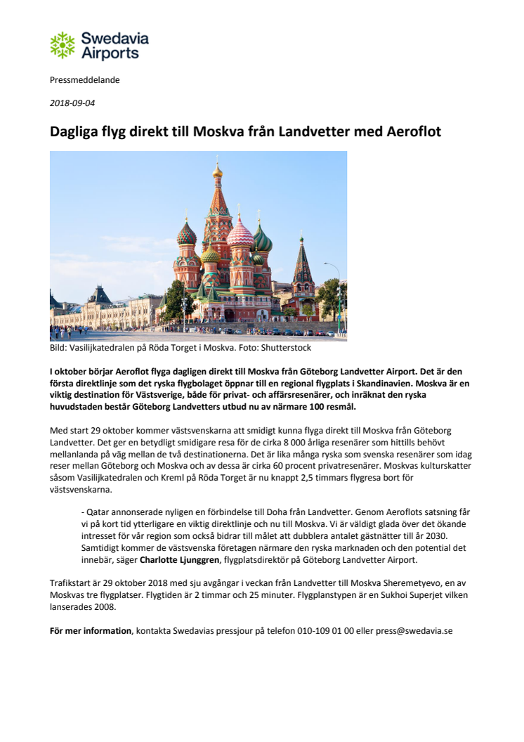 ​​Dagliga flyg direkt till Moskva från Landvetter med Aeroflot 