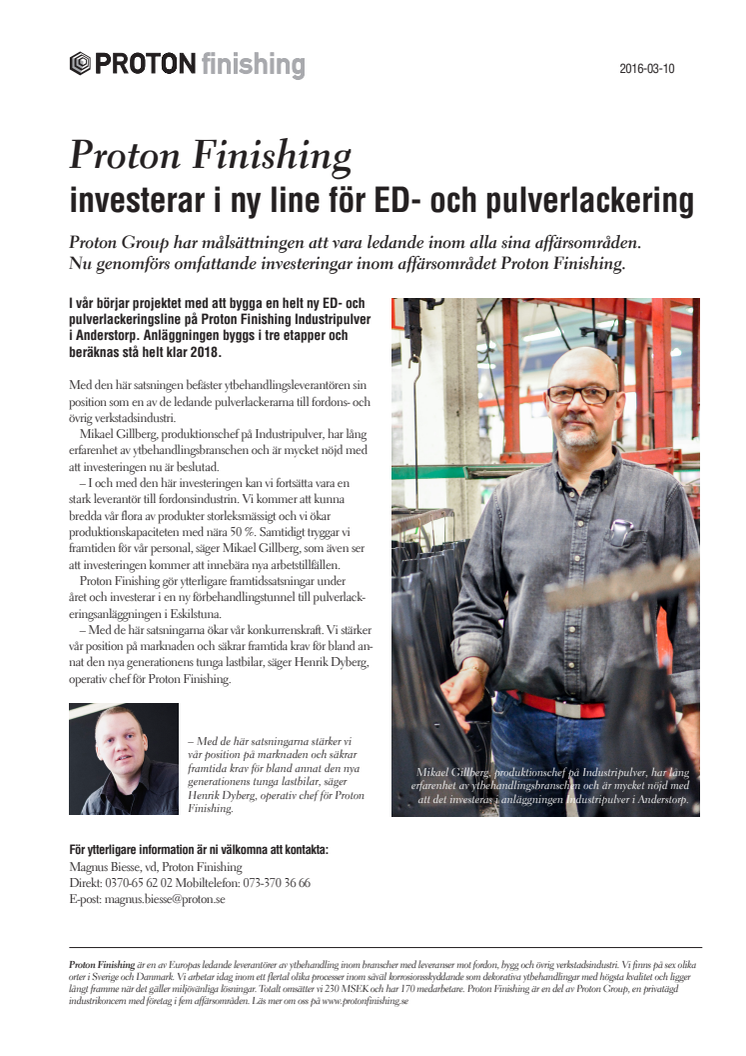 Proton Finishing investerar i ny line för ED- och pulverlackering
