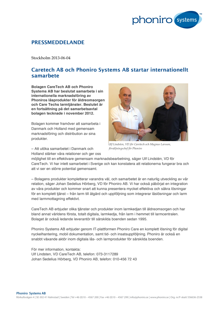 CareTech AB och Phoniro Systems AB startar internationellt samarbete