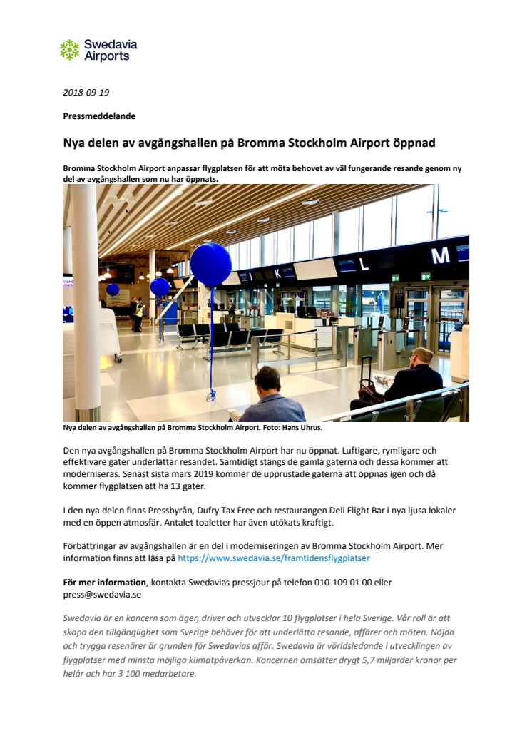 Nya delen av avgångshallen på Bromma Stockholm Airport öppnad