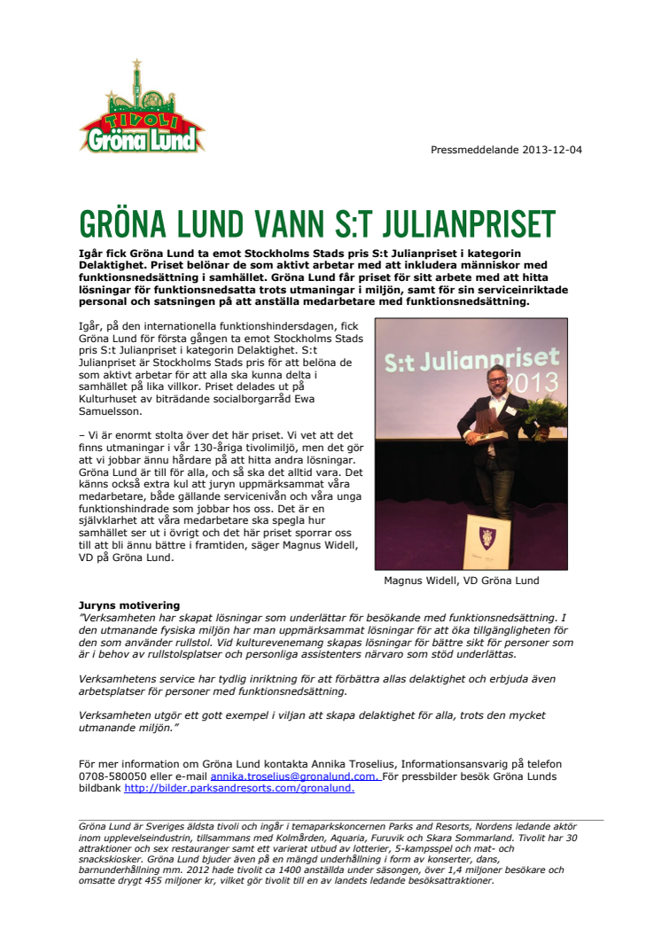 Gröna Lund vann S:t Julianpriset