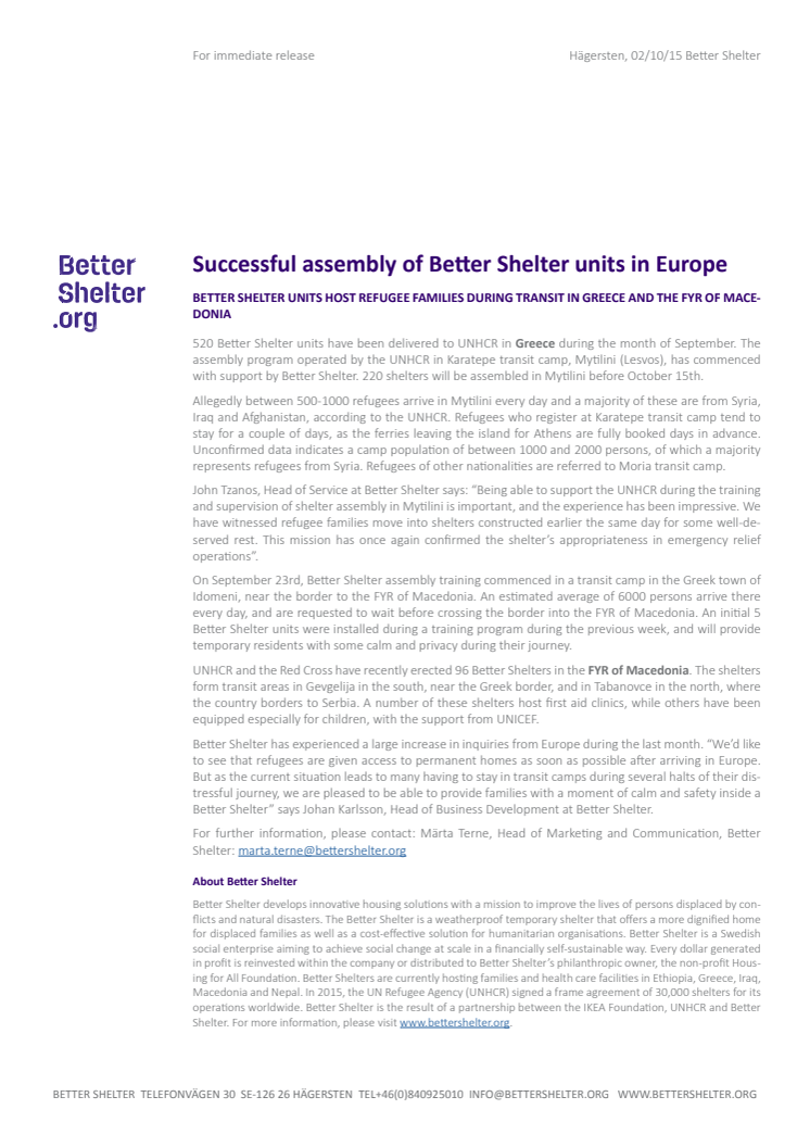 ​Successful assembly of Better Shelter units in Europe